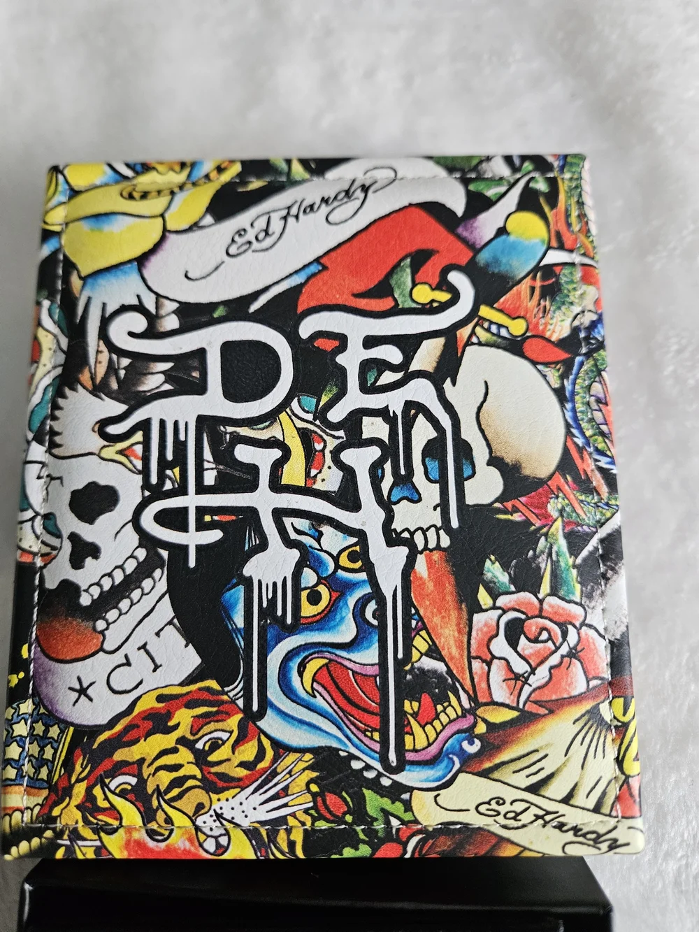 Ed Hardy Black Pebbled Leather Bi-Fold Wallet With Gift Case